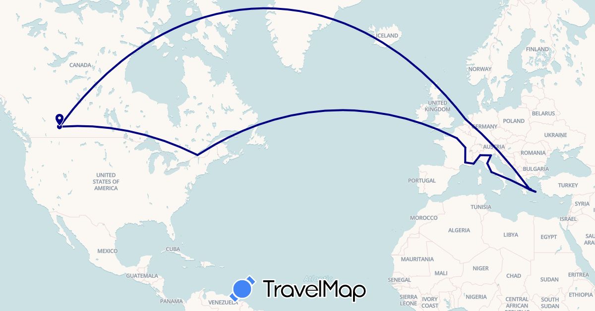 TravelMap itinerary: driving in Canada, France, Greece, Italy, Netherlands (Europe, North America)